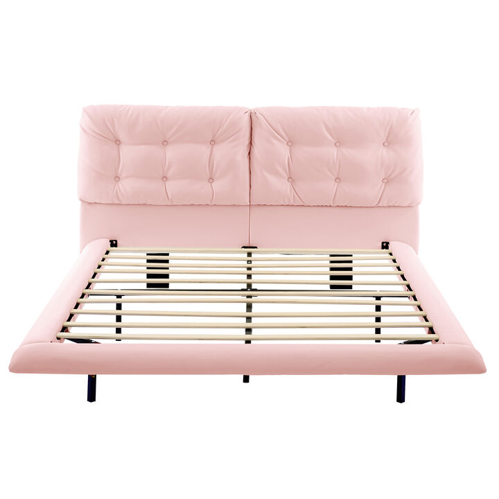 Merax Queen-Size Floating PU Leather Bed Frame with LED Lights
