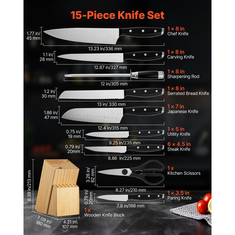 15 Piece Kitchen Knife Set with Block and Sharpener, High Carbon Stainless Steel Cutlery image number 2