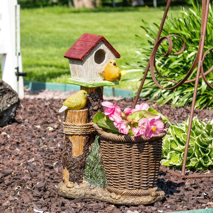 Sunnydaze Polyresin Bird House Planter Statue with Solar Lighted Birds
