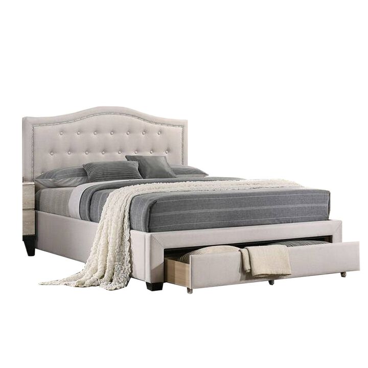Buk Upholstered Tufted Queen Bed with Storage, Nailhead Trim, Ivory Burlap  - Benzara