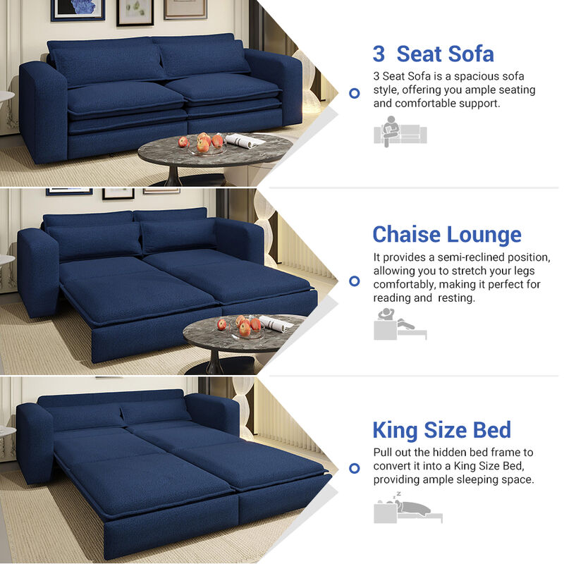 Whisen 93" King Size Sleeper Sofa, 3-Seat Teddy Fabric Convertible Couch with 2 Lumbar Pillows image number 4