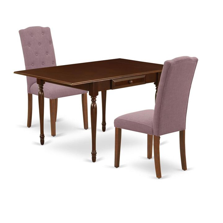 1MZCE3-MAH-10 3Pc Dining Room Table Set Offers a Modern Dining Table and 2 Parsons Dining Chairs with Dahlia Color Linen Fabric, Drop Leaf Table with Full Back Chairs, Mahogany Finish