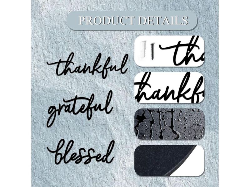 Thankful Grateful Blessed Metal Wall Decor 3 Piece Black Letters Art for Home image number 2