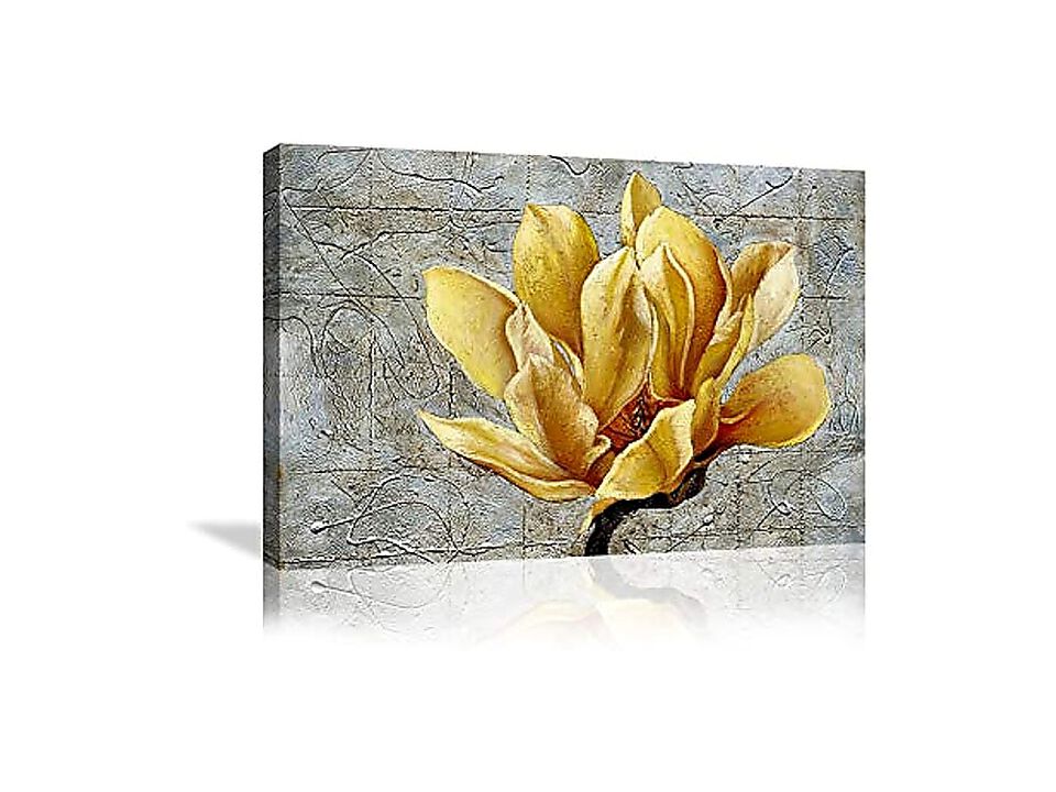 Yellow Grey Flower Wall Art Abstract Gray Background Canvas Decor Decal Poster