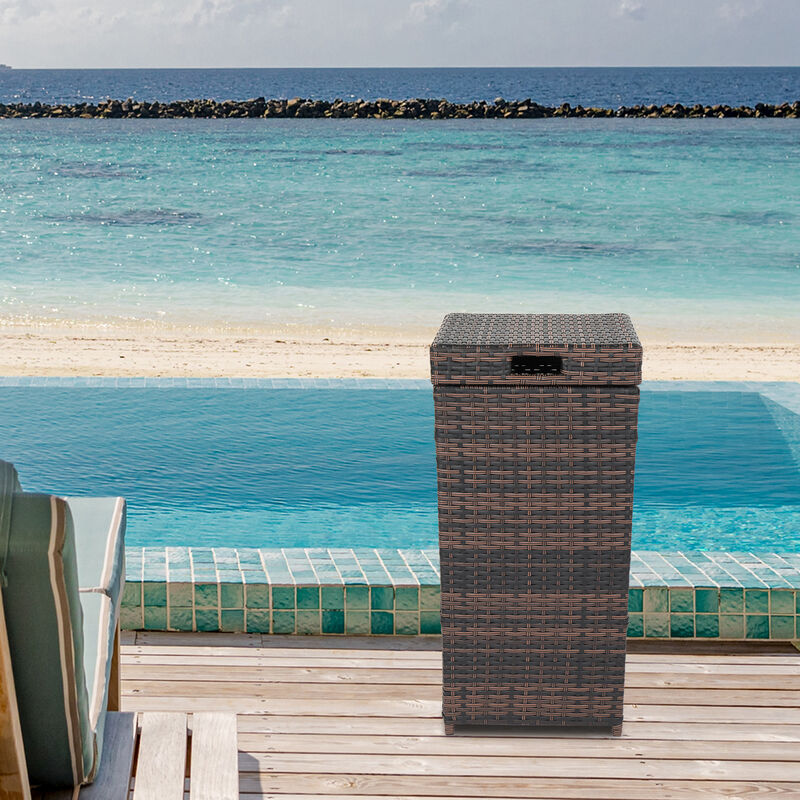 Decorative Outdoor Trash Can Rattan-Style Bin with Metal Frame & Top Cover