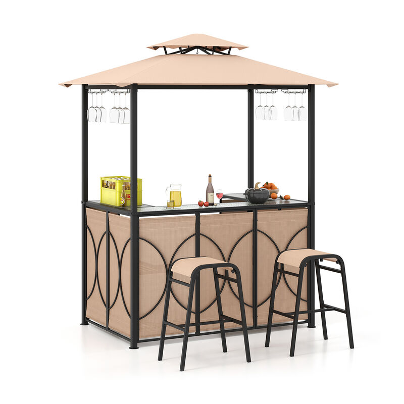 3-Piece Patio Bar Set with Grill Gazebo, 2 Bar Stools, and Tempered Glass Bar Table