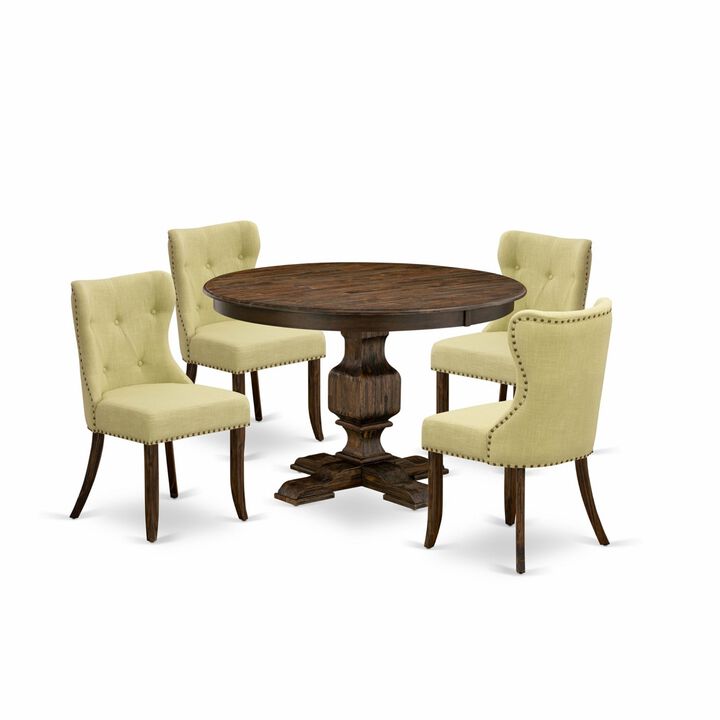 East West Furniture F3SI5-737 5Pc Dining Set - Round Table and 4 Parson Chairs - Distressed Jacobean Color
