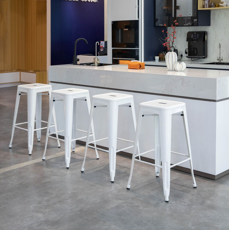 30-inch Backless Metal Bar Stool Stackable Heavy-Duty Counter-Height Chair for Home Bars Patios Kitchen Islands Cafes Restaurants Bistros and Dining Areas for Indoor & Outdoor Use, White