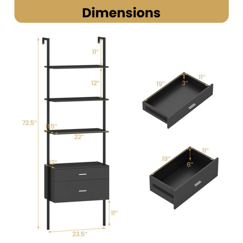 Modern 4-Tier Ladder Bookcase with Drawers, Metal Frame Display Shelf-Black image number 2