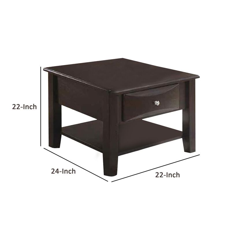 24 Inch Classic Square End Table, Single Drawer, Bottom Shelf, Brown Wood