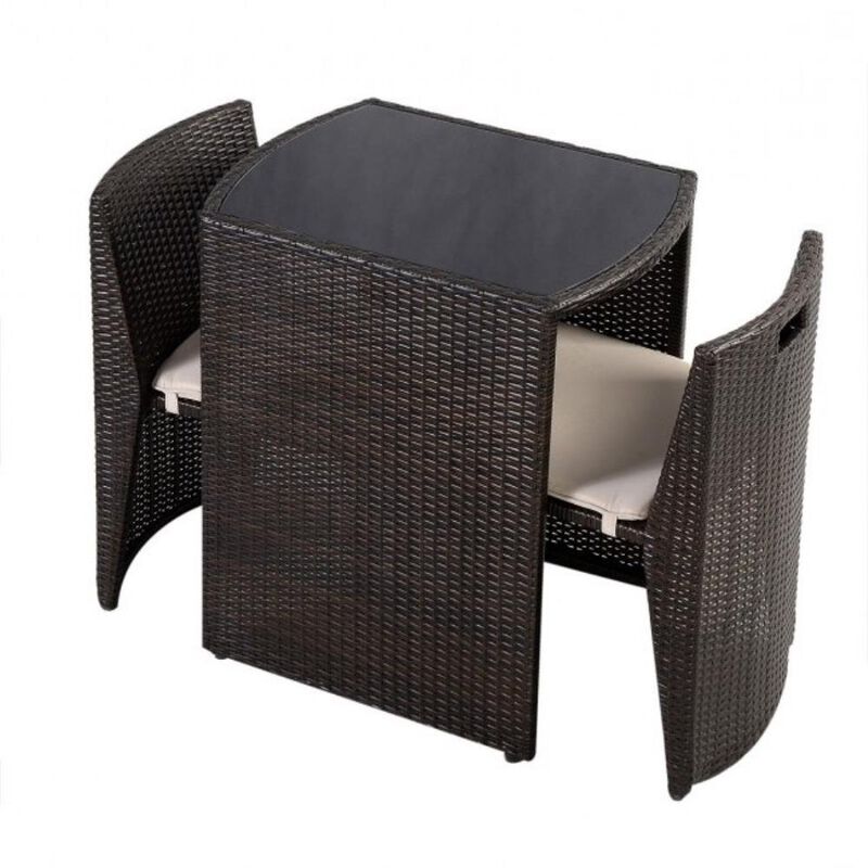 Hivvago 3 Piece Compact Espresso/White Wicker Patio Cushioned Outdoor Chair Table Set