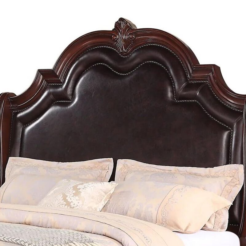 Benjara Chef King Size Bed, Carved, Faux Leather Upholstery, Dark Brown Wood