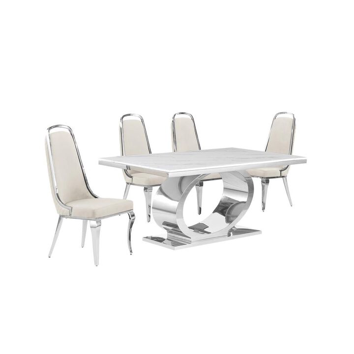 5pc Small(68") marble top dining set with silver base and 4 Cream side chairs