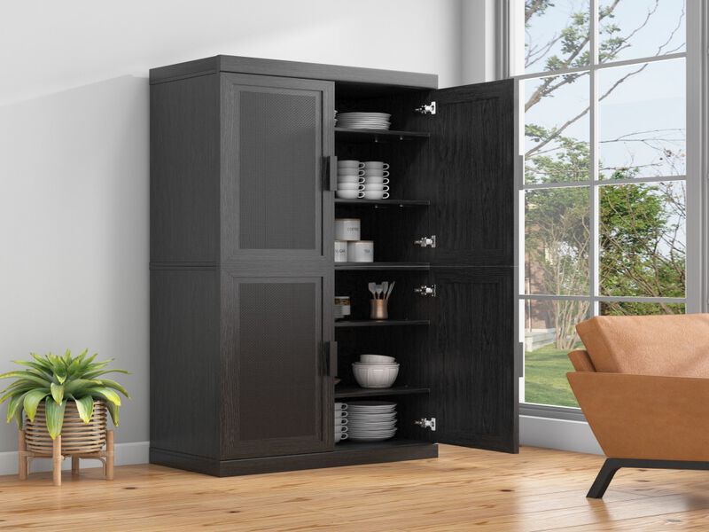 62’’ Black Wood Grain 6-Story Decorative Storage Cabinet with Wicker Door