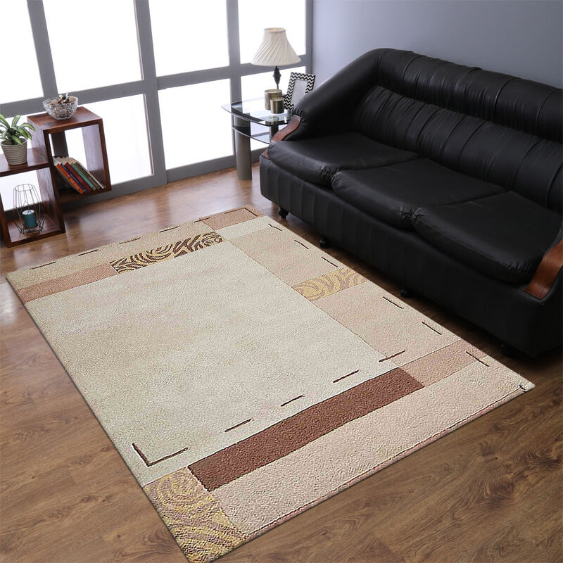 RUGSOTIC CARPETS HAND TUFTED WOOL ECO-FRIENDLY AREA RUGS  - 4'x6', Rectangle Shape, Beige, Geometric Modern Design, High Pile Thick Handmade Anti Skid Area Rugs for Living Room, Bed Room (K09088)