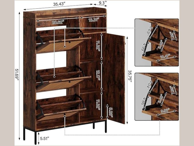 Entryway Wood Shoe Storage Cabinet Flip Drawer Brown Rattan image number 2