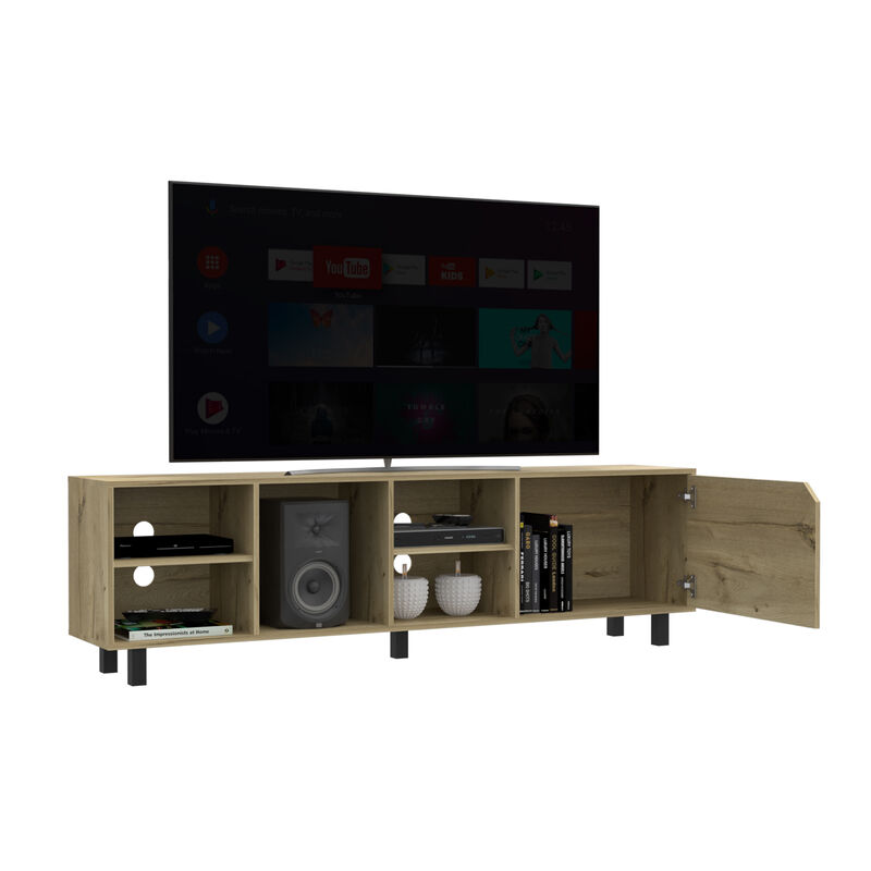 DEPOT E-SHOP Conquest Tv Stand for TV&acute;s up 70", Four Open Shelves, Five Legs, Light Oak