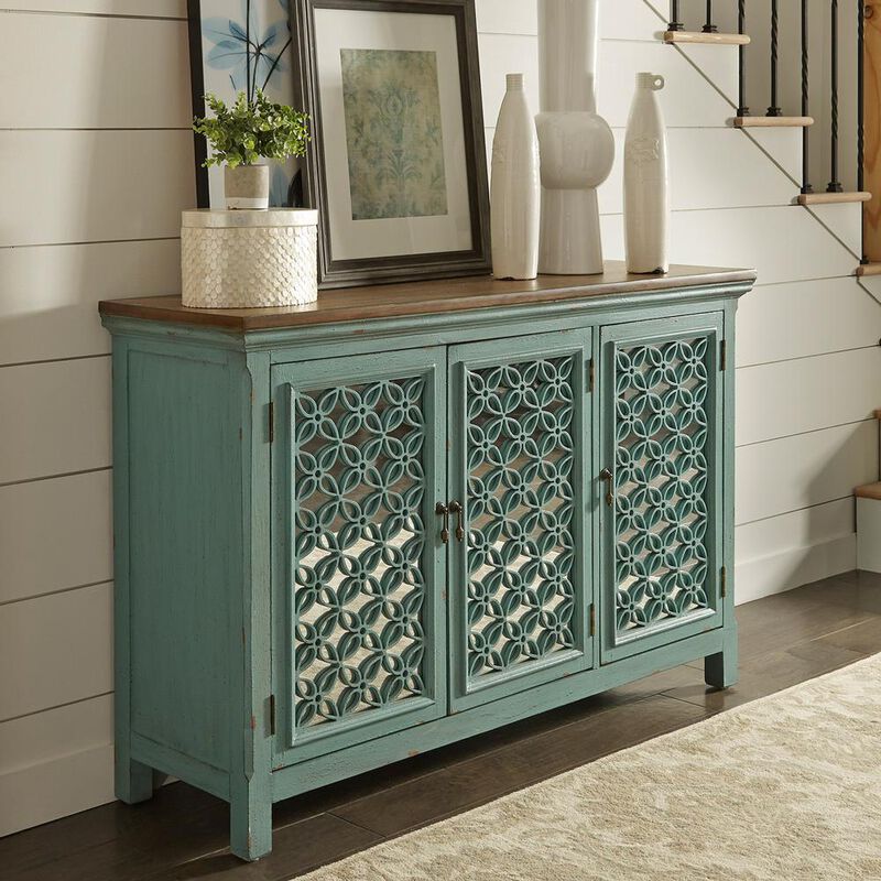 Liberty Furniture Kensington 3 Door Accent Cabinet in Turquoise w/ Worn Wood Tone Top image number 1