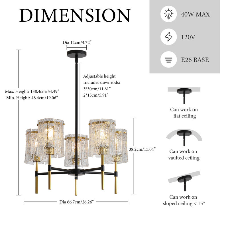 ELEMENT ACE Industrial Textured Water Ripple Glass Chandelier, Adjustable Height E26 Base Compatible Light Fixture for Dining Room Living Room Entryway image number 2
