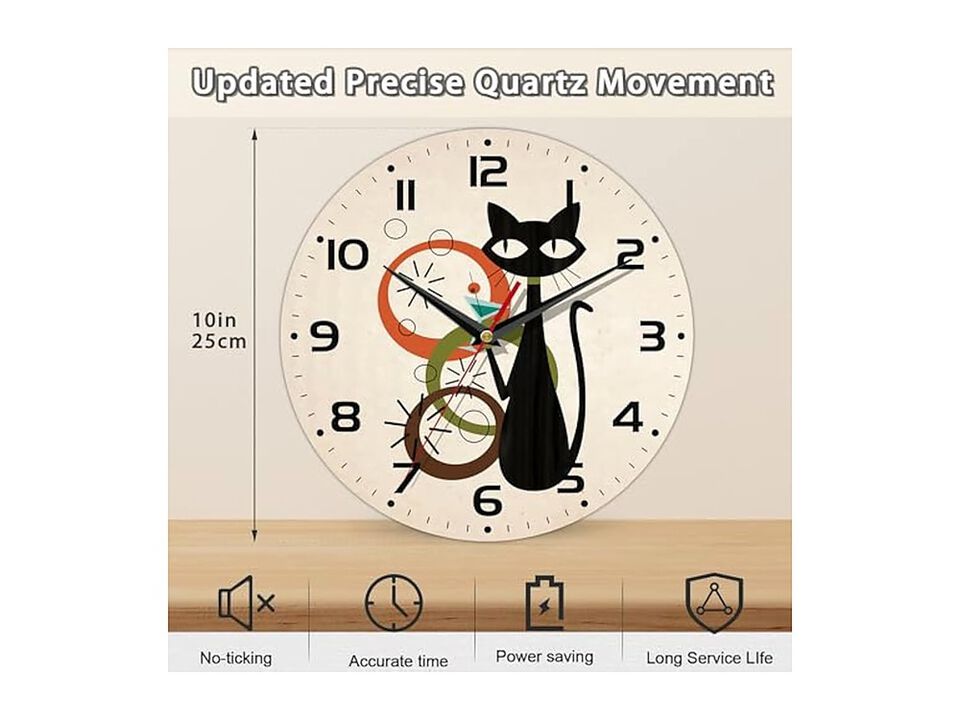 Black Cat Wooden Hanging Wall Clock 10 Inch Silent Non Ticking Wood Home Decor