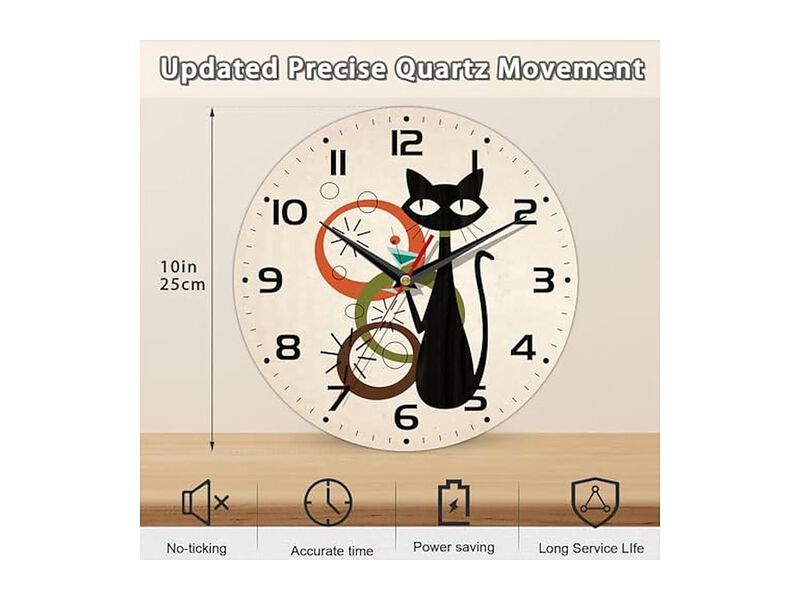 Black Cat Wooden Hanging Wall Clock 10 Inch Silent Non Ticking Wood Home Decor image number 1