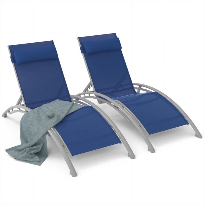 Outdoor Chaise Lounge Set of 2 Patio Recliner Chairs with Adjustable Backrest and Removable Pillow for Indoor&Outdoor Beach Pool Sunbathing Lawn (Blue,2 Lounge Chair)