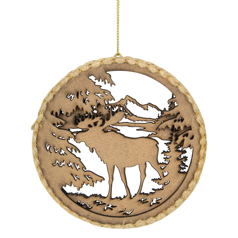 4.25 in Moose with Forest Trees Disk Christmas Ornament  Brown image number 0