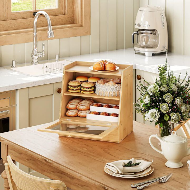 2-Tier Wicker Bread Box with Drawer for Kitchen Storage