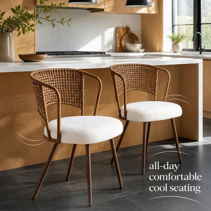 GOODSILO Set of Two Woven Rattan Wing Back Dining Chairs with Soft Foam Cushion and Metal Legs for Kitchen Dining Room Home Use image number 4