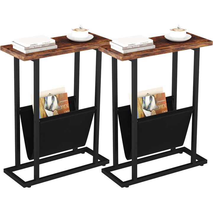 Narrow Side Table for Small Spaces, Small End Table Set of 2 with Magazine Holder Table, Skinny Slim Little Thin Table for Livin