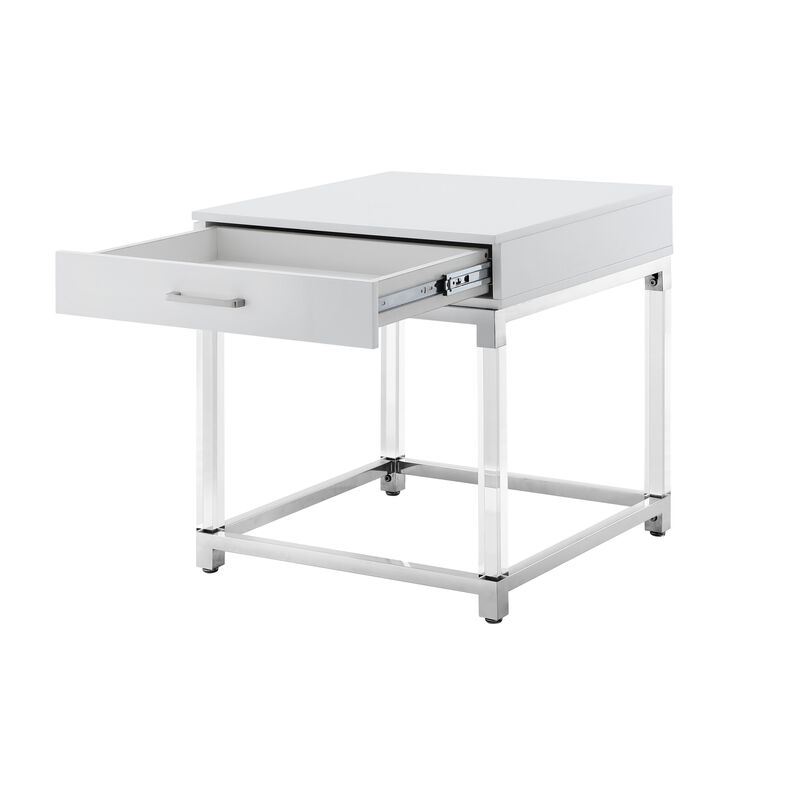 Inspired Home Kalel High Gloss 1 Drawer End Table with Acrylic Legs Stainless Steel Base