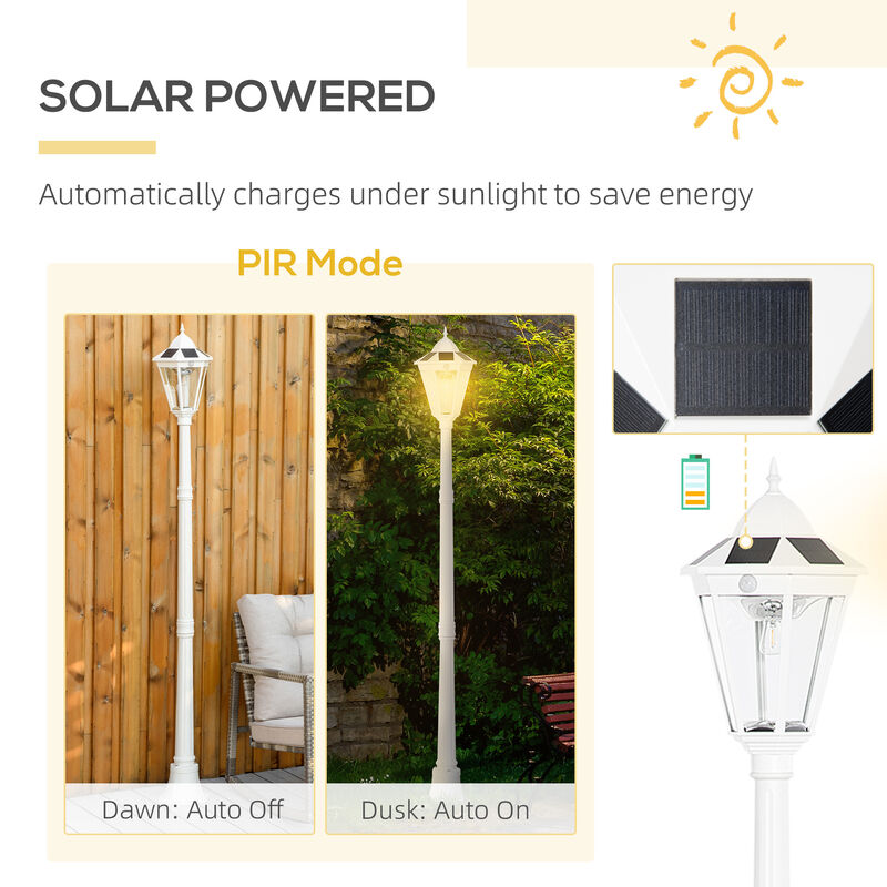 Outsunny 77" Solar Lamp Post Light, Waterproof Aluminum Outdoor Vintage Street Lamp, Motion Activated Sensor PIR, Adjustable Brightness, for Garden, Lawn, Pathway, Driveway, White