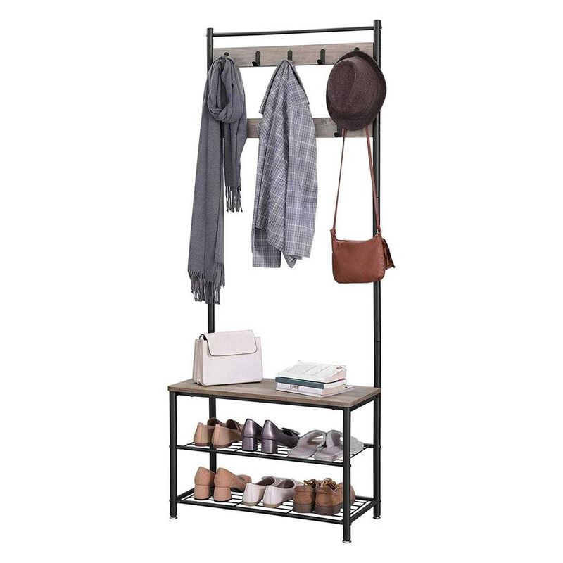 Modern Industrial Entryway Coat Rack with Shoe Bench and Two-Tier Storage Shelves