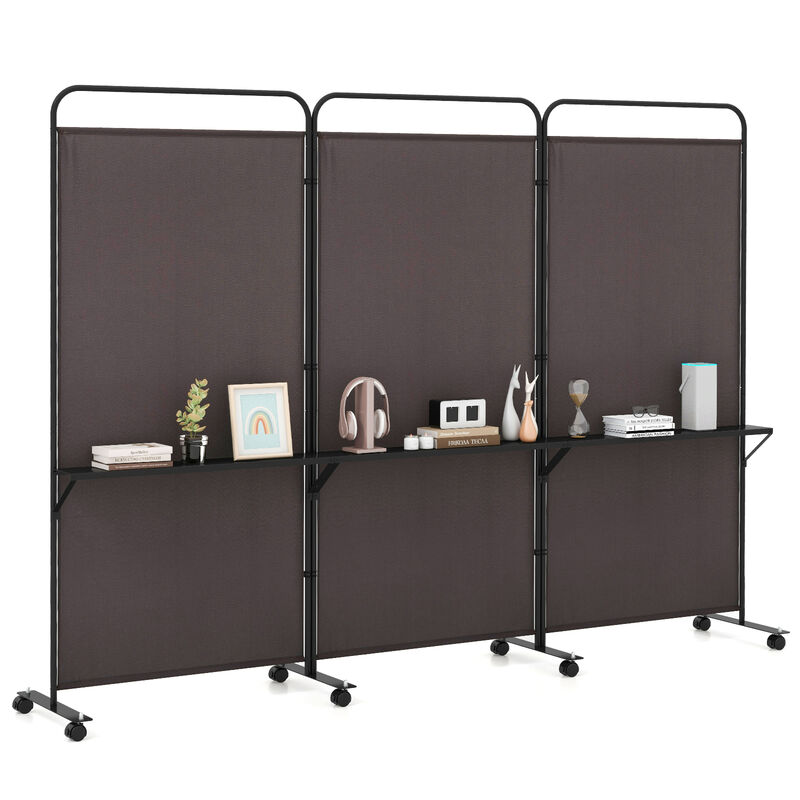 Multi-Functional 3-Panel Folding Room Divider with Metal Shelves and Lockable Wheels