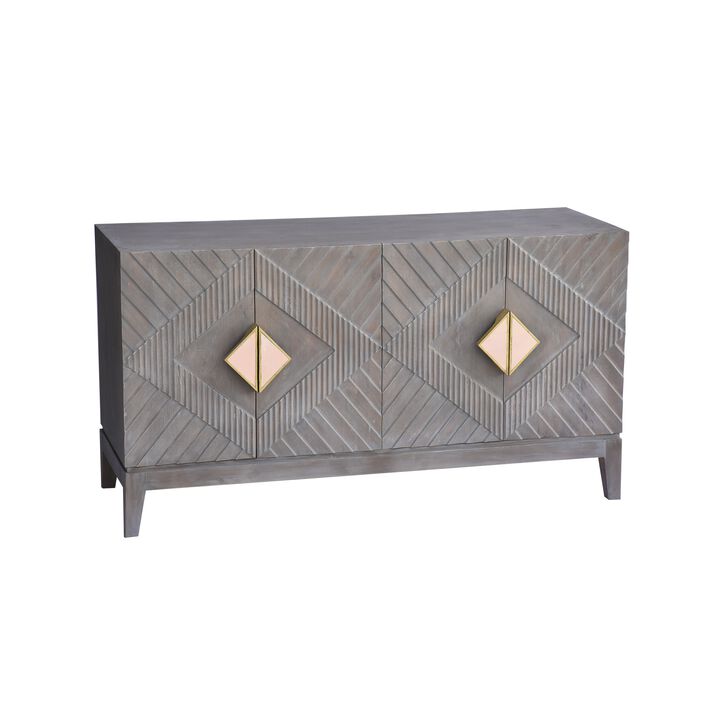 Abiel 55 Inch Mango Wood Sideboard Buffet Cabinet Console, 4 Doors, Inner Shelf, Ornate Diamond Carving, Gray-Benzara