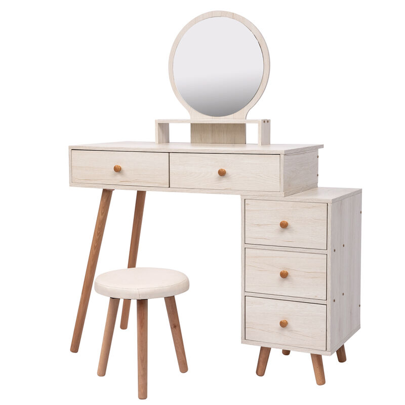 Makeup Vanity Table with Cushioned Stool, Large Capacity Storage Cabinet, 5 Drawers, Large Round Mirror, Fashionable Makeup Furniture (31.5"-43.2" L x 15.8" W x 48.1" H) Length Adjustable