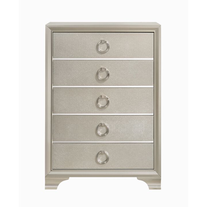 Five Drawers Wooden Dresser with Oversized Ring Handles, Silver-Benzara