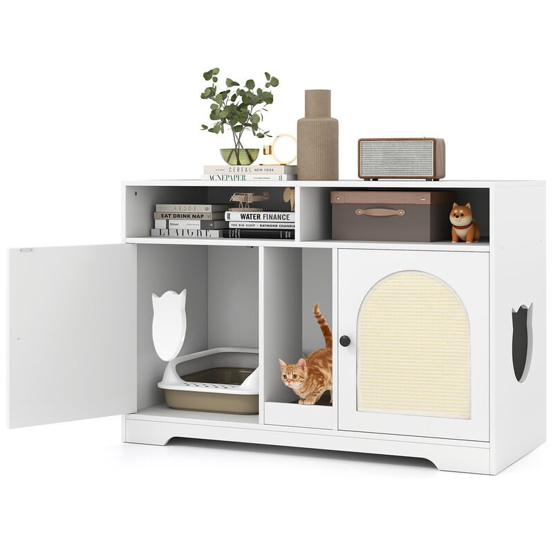 Hidden Cat Litter Box Enclosure with Storage and Double Rooms-White image number 4