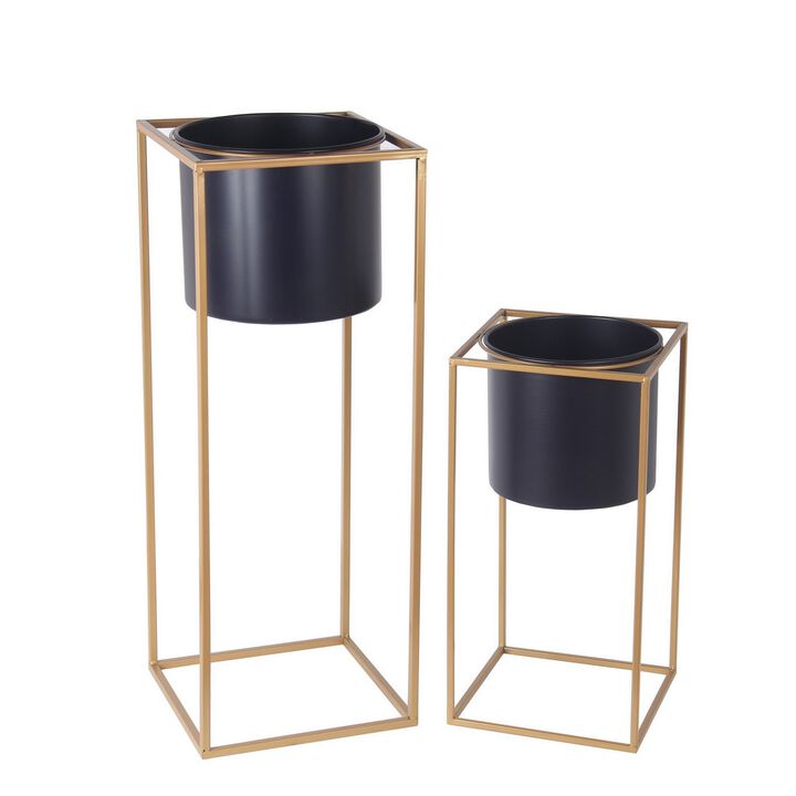 Metal Round Planter with Square Base, Set of 2, Gold and Gray-Benzara
