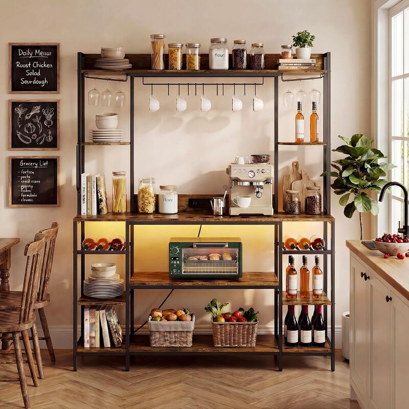 Large Bakers Rack with LED Lights & Power Outlet, 55" Wide Microwave Stand, 6-Tier Kitchen Racks and Shelves, Wine Glass Holder, 11 Hooks with App Control image number 7