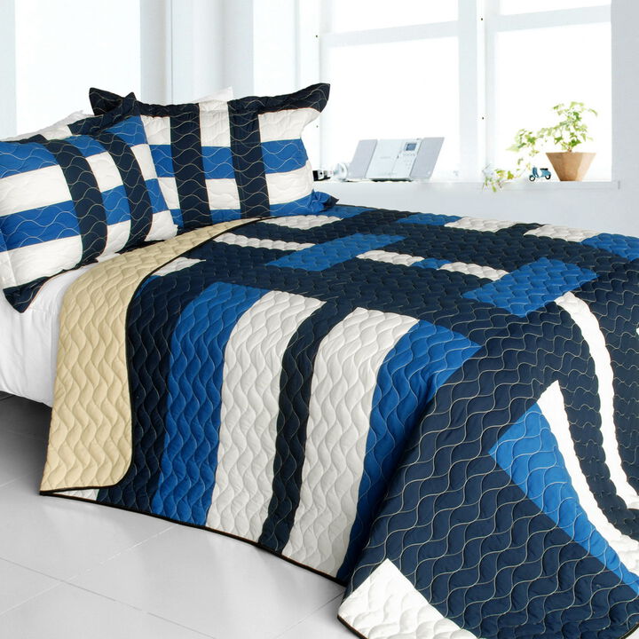 Queen Size Geometric Patchwork Quilt Set Waves Axero Soft Quilted Bedspread