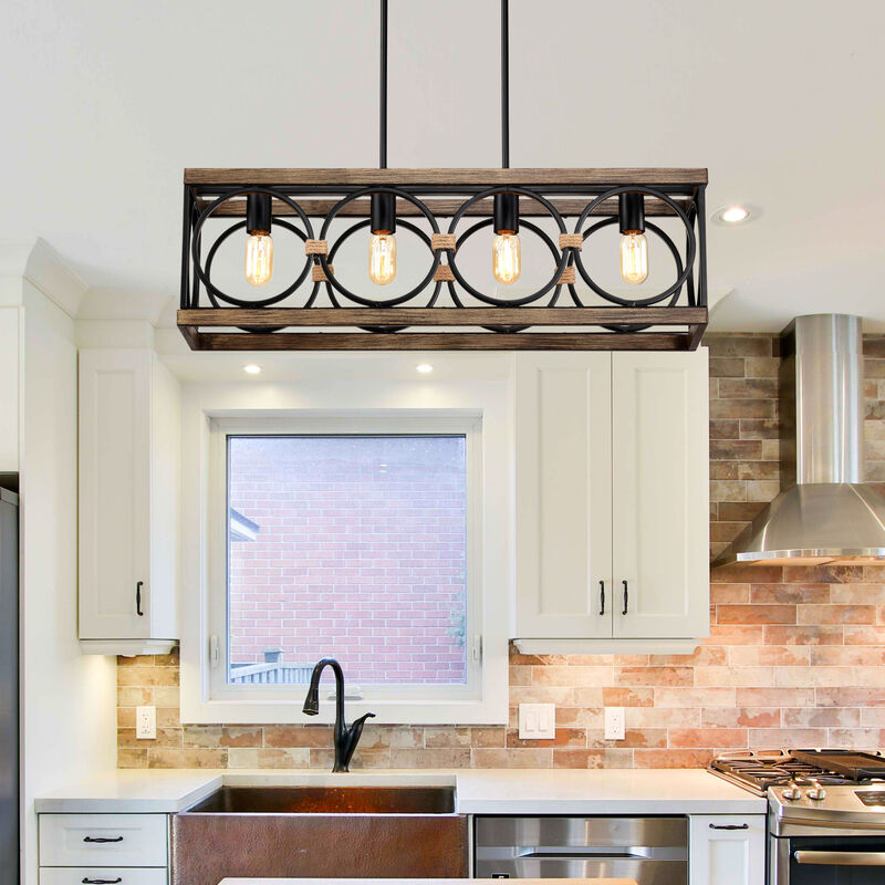 4-Light Farmhouse Rectangle Pendant Light Vintage Rustic Industrial Hanging Light Fixture image number 5