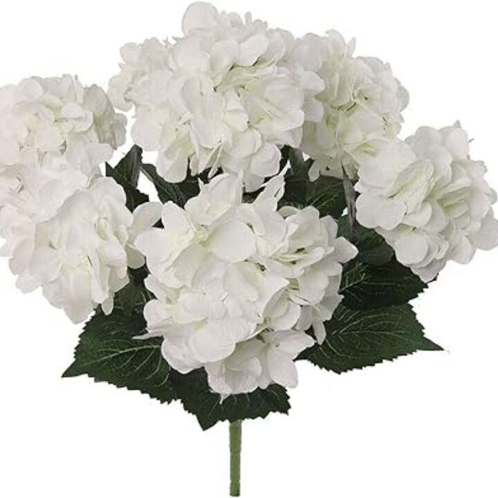 Hydrangea Silk Flower Bush, Seven Heads Per Bush, UV Resistant, Indoor & Outdoor Silk Plant, Adjustable Stem, Rich Green Leaves, Wedding, Cen