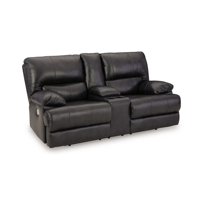 Monto Power Recliner Loveseat, Black Leather, Cupholders, 82 Inch - Benzara