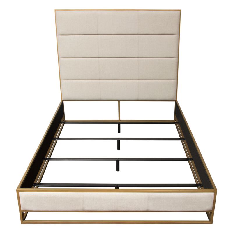 Chek Queen Size Bed w Channel Tufted Upholstery, Sand Brown, Gold Metal