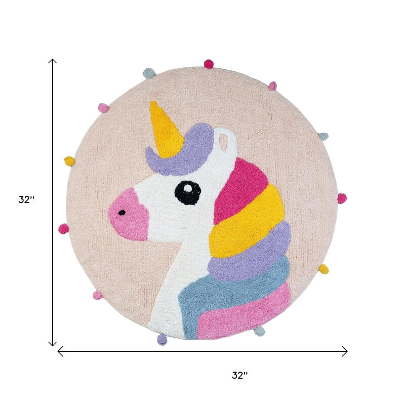 HomeRoots 32" Pink And Yellow Cotton Unicorns Round Youthful Bath Rug image number 3