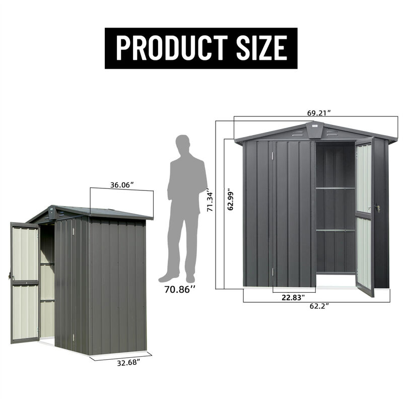 Outdoor Storage Shed 5.7x3 FT, Metal Outside Sheds&Outdoor Storage Galvanized Steel, Tool Shed with Lockable Double Door for Patio, Backyard, Garden, Lawn (5.7x3ft, Black)