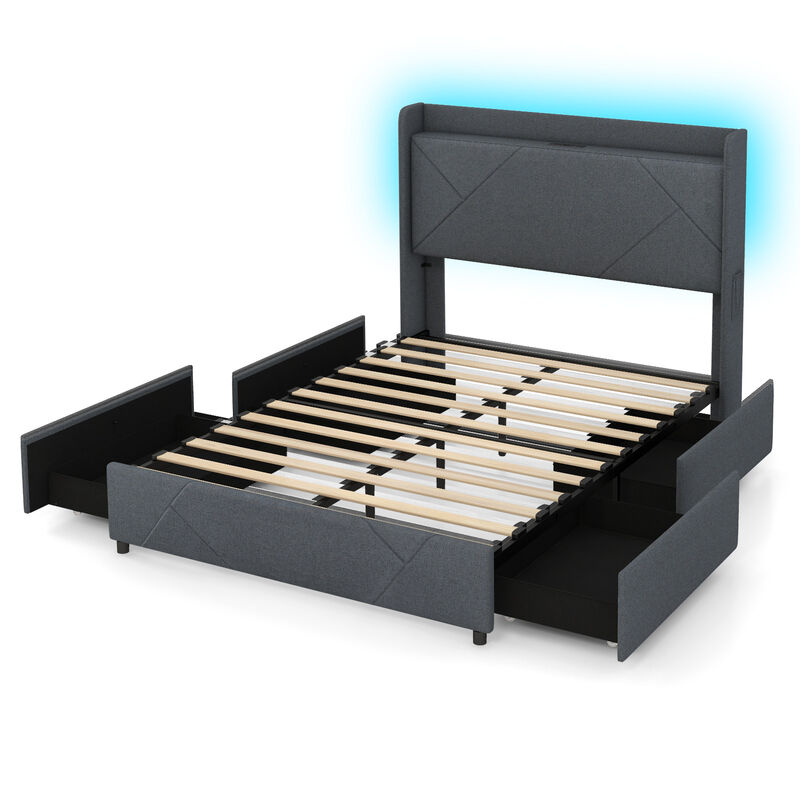 Bed Frame with LED Lights and Built-In Charging Station for Modern Style and Convenient Functionality