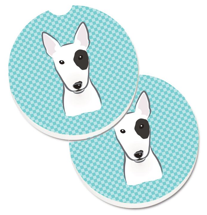 Caroline's Treasures Checkerboard Blue Bull Terrier Set of 2 Cup Holder Car Coasters BB1147CARC, 2.56, Multicolor