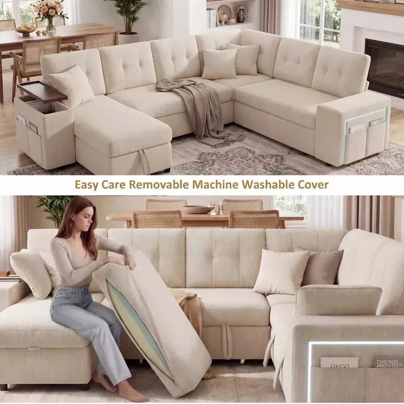 Vipbear 112" U-Shaped 7-Seat Modular Chenille Sectional Sleeper Sofa, Pull Out Bed Reclining Couch image number 3